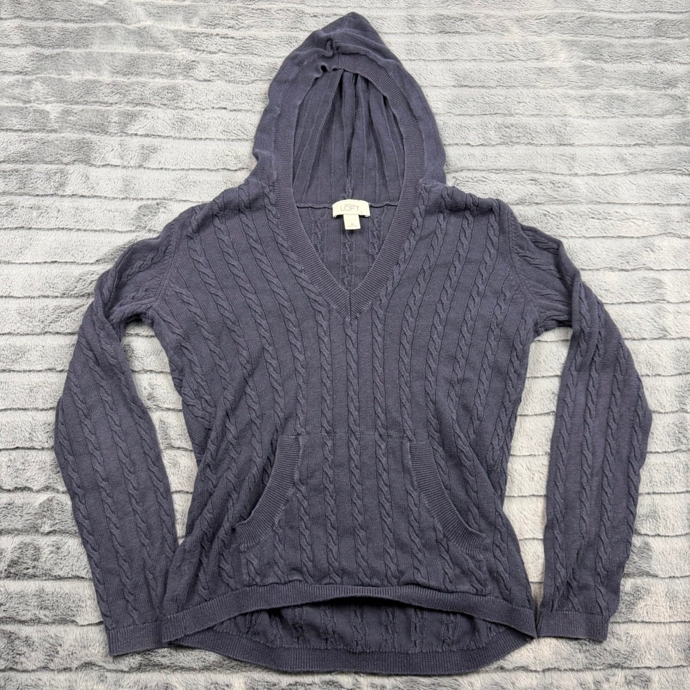 Ann Taylor LOFT Womens Navy Blue Cable Knit Linen Cotton Hooded Sweater Size M